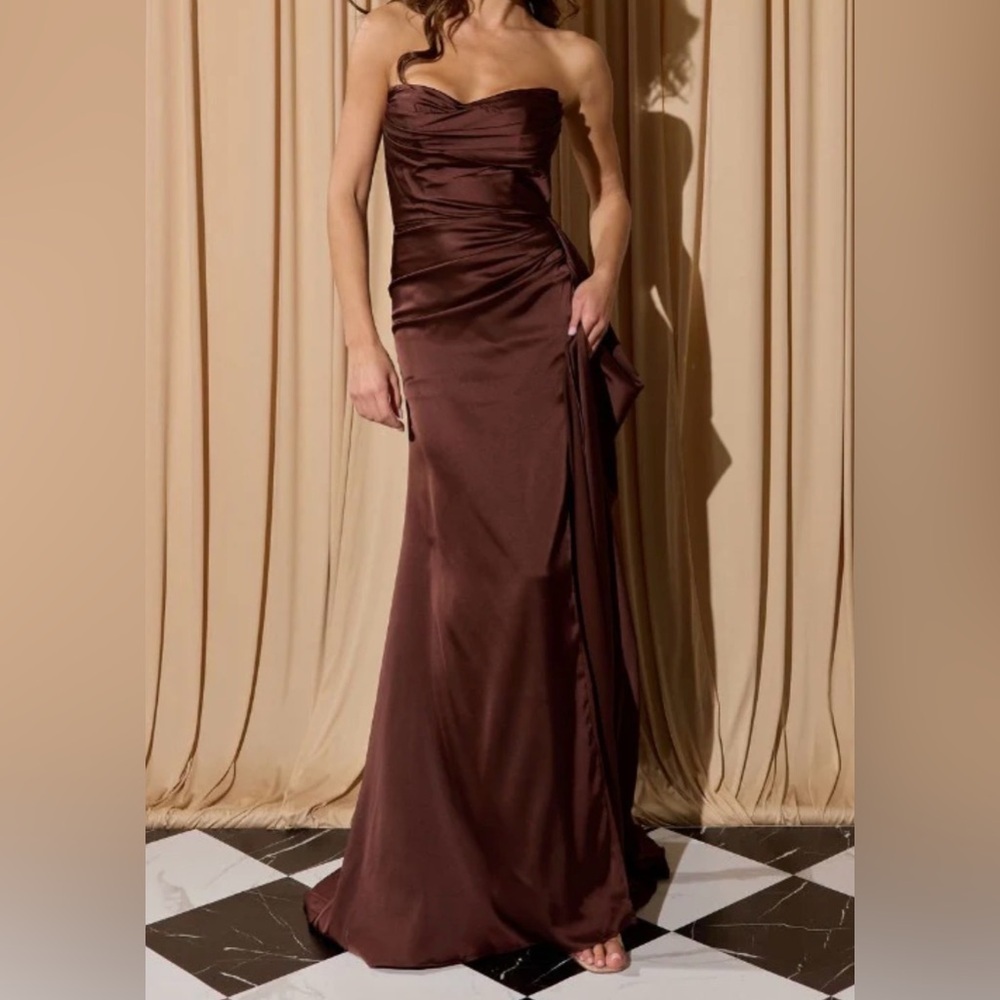 Jessica McClintock Strapless Chocolate Brown Satin Evening Gown